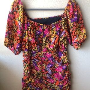 Ruched Floral Print Square Neck Mini Dress